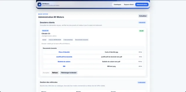 Back-office M-Motors affichant la validation des dossiers clients et leurs documents