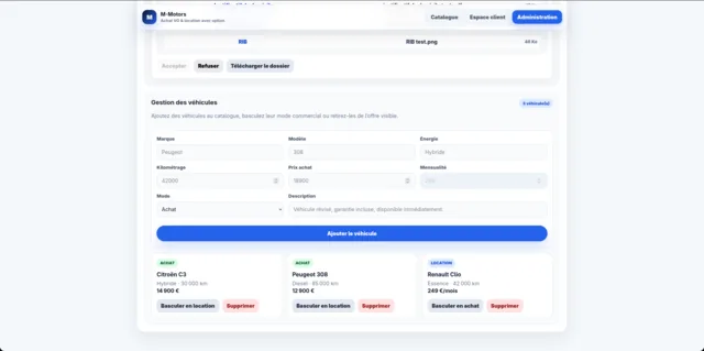Back-office M-Motors pour ajouter, modifier le mode et supprimer des véhicules