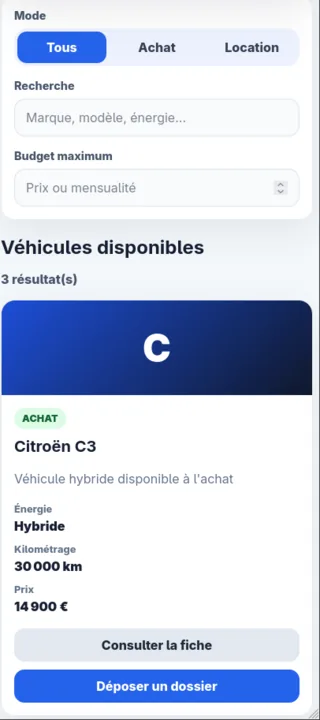 Catalogue responsive M-Motors sur mobile avec filtres et fiche véhicule