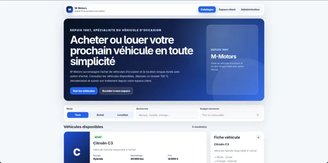 Vue d’ensemble du catalogue M-Motors, plateforme full-stack Java et React de gestion et location de véhicules
