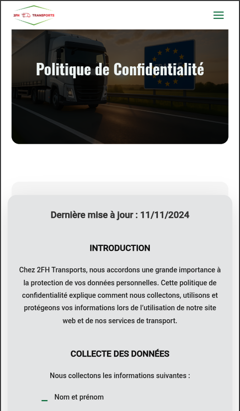 Aperçu mobile de la politique de confidentialité du site 2FH Transports